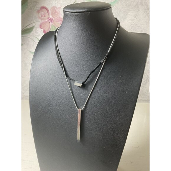 Layered Silver & Black Pendant Necklace With Adjustable Chain - Picture 1 of 5